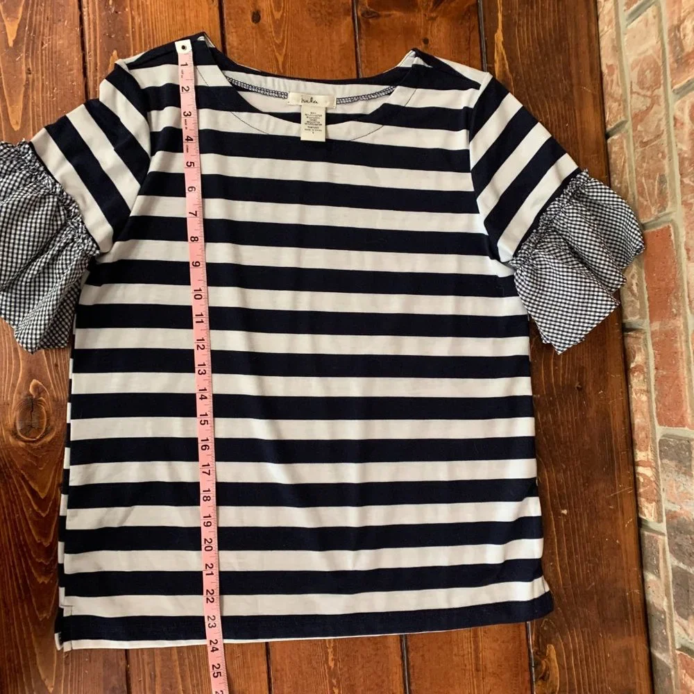 Women's Isela Navy and White Striped Gingham Nautical Ruffled Sleeves Blouse EUC - Picture 8 of 11